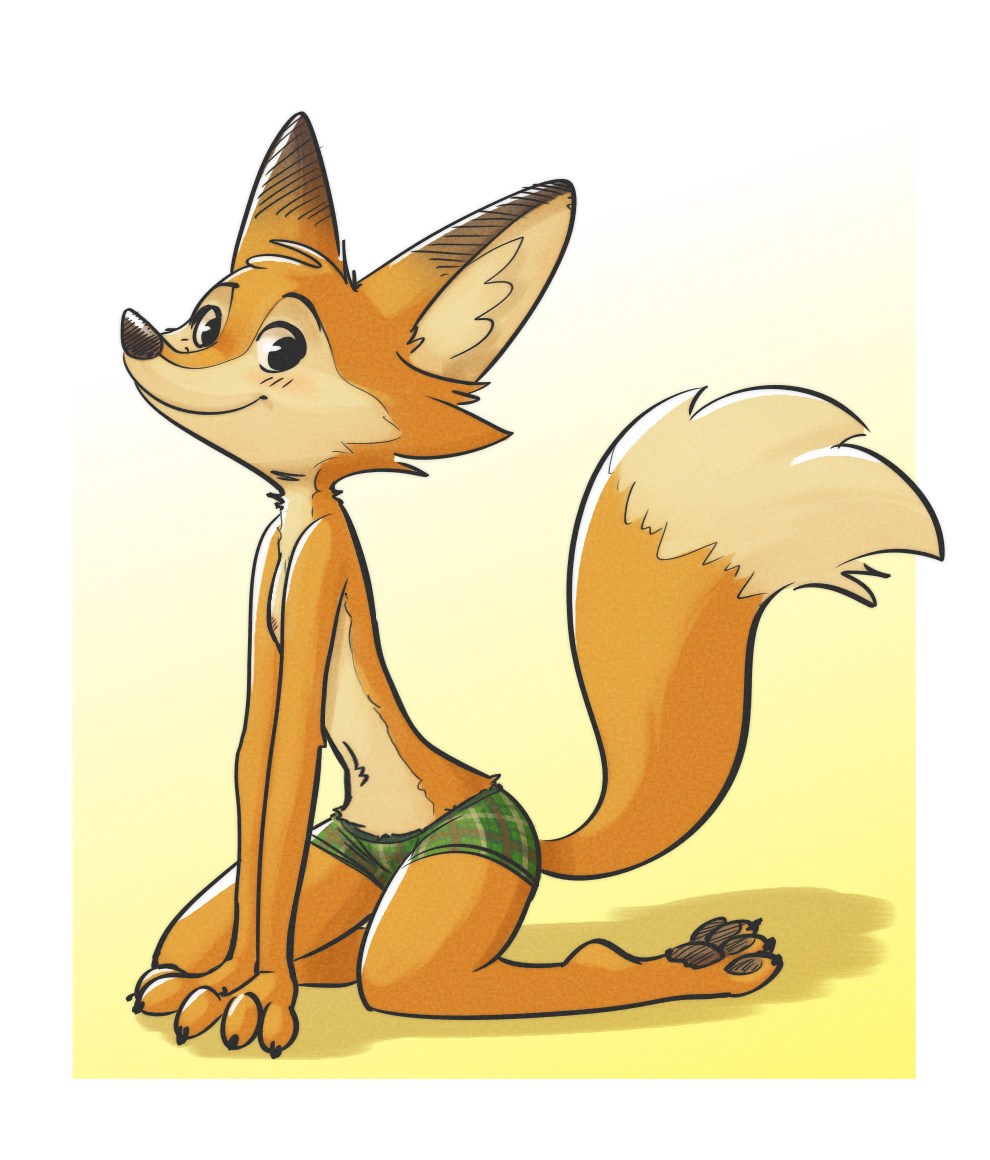 2018 ambiguous_gender anthro blush border boxer_briefs canine cheek_tuft claws clothed clothing darma dipstick_ears dipstick_tail fox fuel_(artist) gradient_background head_tuft kneeling looking_at_viewer mammal multicolored_tail nipples pawpads rock_dog simple_background smile solo toe_claws topless tuft underwear white_border
