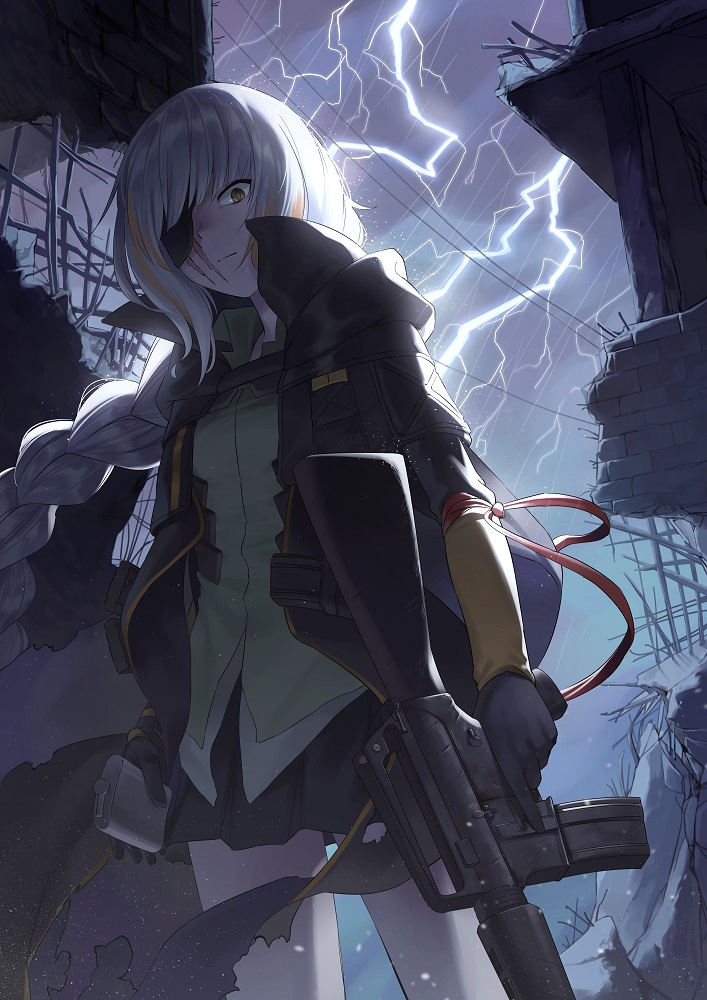 assault_rifle bangs black_skirt blonde_hair braid building commentary corruption expressionless eyepatch flask floating_hair girls_frontline gloves gun holding holding_flask holding_gun holding_weapon ichihyaku_nanajuu jacket lightning long_hair looking_at_viewer m16a1 m16a1_(girls_frontline) mole mole_under_eye multicolored_hair necktie pleated_skirt rain rifle ruins sangvis_ferri scar shirt single_braid skirt solo spoilers storm streaked_hair torn_clothes trigger_discipline weapon white_hair wind wind_lift yellow_eyes