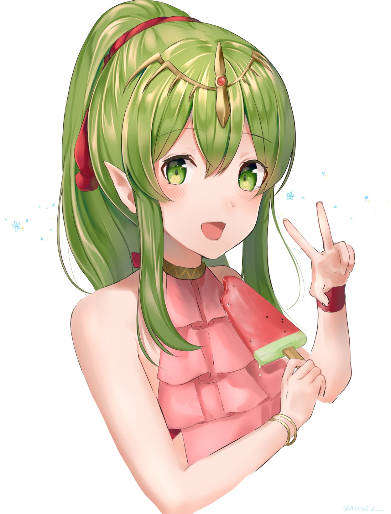 bare_shoulders bracelet chiki commentary_request fire_emblem fire_emblem:_monshou_no_nazo fire_emblem_heroes food green_eyes green_hair hair_ribbon highres jewelry long_hair mamkute niko_(aiai03012) open_mouth pink_swimsuit pointy_ears ponytail popsicle red_ribbon ribbon simple_background solo swimsuit tiara v watermelon_bar white_background wristband