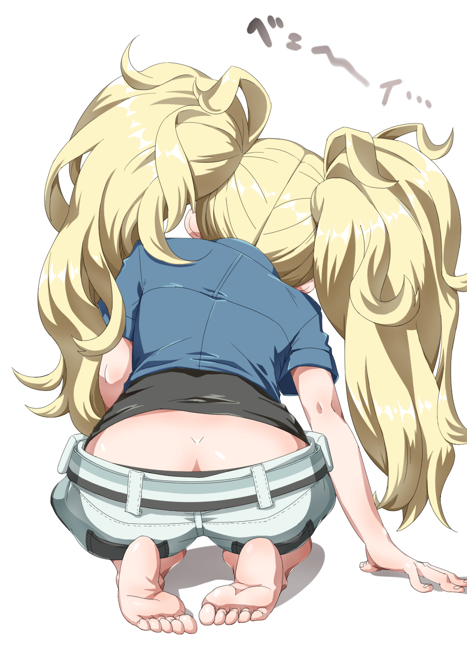ass barefoot belt blonde_hair blue_shirt butt_crack collared_shirt commentary_request dimples_of_venus feet from_behind gambier_bay_(kantai_collection) head_tilt highres kantai_collection leaning_forward long_hair messy_hair seiza shirt shorts simple_background sitting soles subaru_(797529) twintails white_background