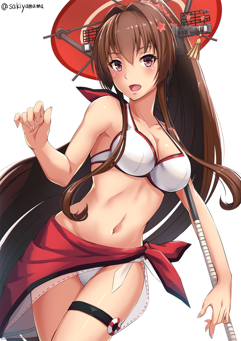 :d adapted_costume artist_name bare_arms bare_shoulders bikini breasts brown_hair cherry_blossoms cleavage collar collarbone flower hair_between_eyes hair_flower hair_intakes hair_ornament headgear holding holding_umbrella kantai_collection large_breasts long_hair looking_at_viewer navel open_mouth oriental_umbrella outdoors parasol red_umbrella sakiyamama sarong shiny shiny_skin simple_background smile solo summer swimsuit tan thigh_strap umbrella very_long_hair white_background white_bikini yamato_(kantai_collection)