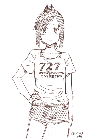 alternate_costume casual cowboy_shot dated hand_on_hip i-401_(kantai_collection) kantai_collection kawashina_(momen_silicon) looking_at_viewer monochrome shirt shorts simple_background sketch standing t-shirt white_background