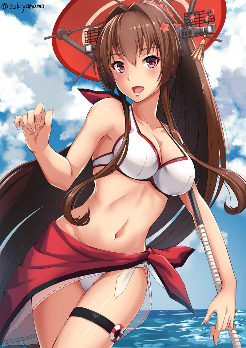 :d adapted_costume artist_name bare_arms bare_shoulders bikini blue_sky breasts brown_hair cherry_blossoms cleavage cloud collar collarbone day flower hair_between_eyes hair_flower hair_intakes hair_ornament headgear holding holding_umbrella horizon kantai_collection large_breasts long_hair looking_at_viewer navel ocean open_mouth oriental_umbrella outdoors parasol red_umbrella sakiyamama sarong shiny shiny_skin sky smile solo summer swimsuit tan thigh_strap umbrella very_long_hair water white_bikini yamato_(kantai_collection)