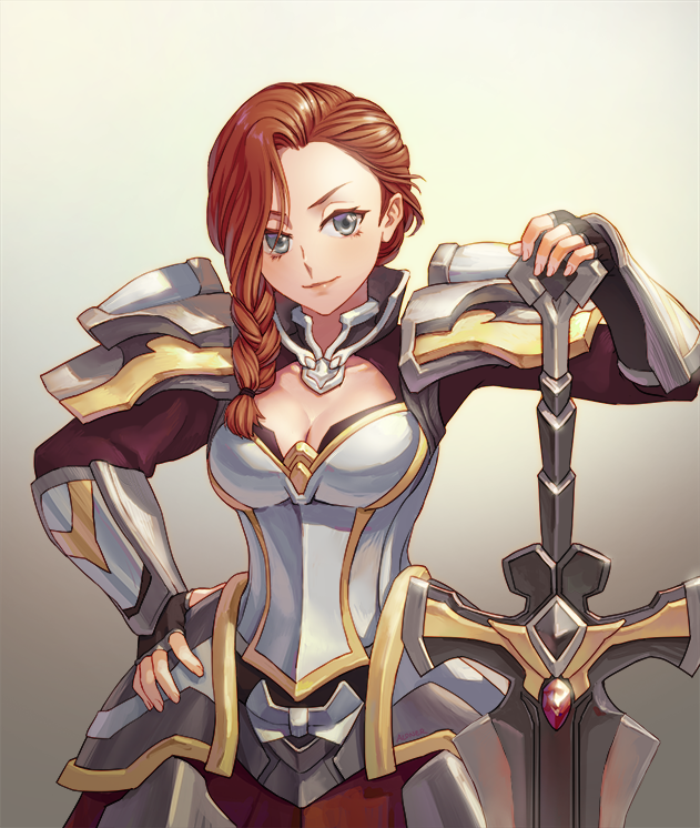 aloner arena_of_valor armor artist_name astrid_(arena_of_valor) blue_eyes braid breasts cleavage fingerless_gloves gloves long_hair red_hair single_braid solo sword upper_body weapon