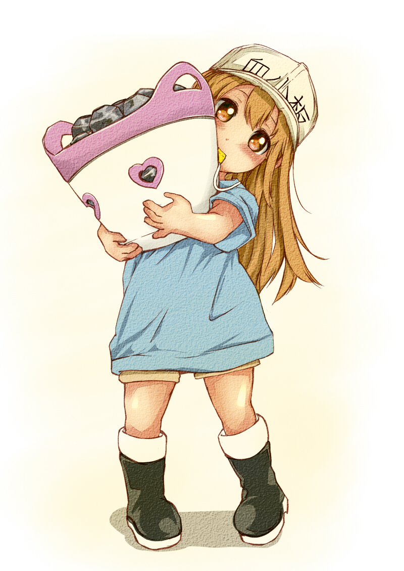 bangs black_footwear blue_shirt blush boots brown_eyes brown_hair brown_shorts character_name commentary_request eyebrows_visible_through_hair flat_cap full_body hair_between_eyes hat hataraku_saibou head_tilt holding knee_boots long_hair looking_at_viewer mouth_hold platelet_(hataraku_saibou) rizzl shirt short_shorts short_sleeves shorts solo standing very_long_hair whistle white_background white_hat