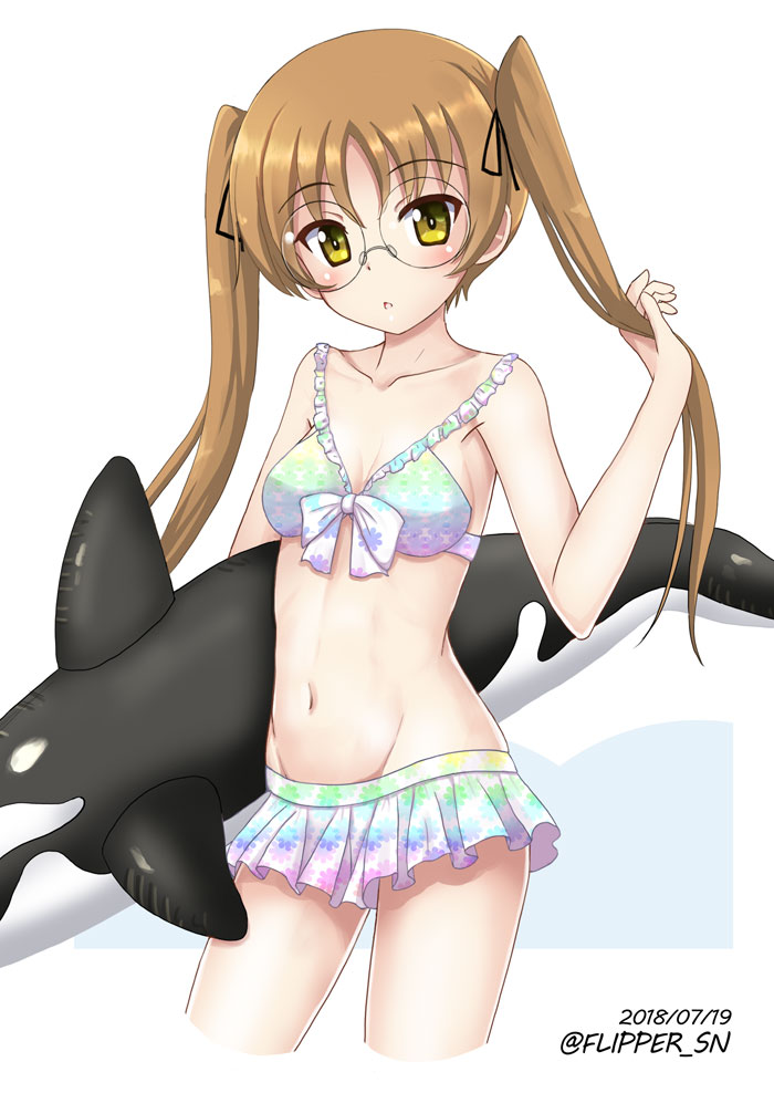 bangs bikini bikini_skirt black_ribbon breasts brown_eyes brown_hair commentary_request cowboy_shot dated eyebrows_visible_through_hair flipper frilled_bikini frills girls_und_panzer glasses hair_grab hair_ribbon inflatable_toy long_hair looking_at_viewer multicolored multicolored_bikini multicolored_clothes navel oono_aya parted_lips ribbon round_eyewear small_breasts solo standing swimsuit twintails twitter_username
