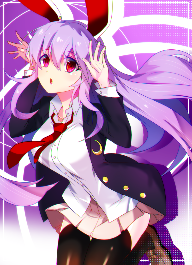 :o animal_ears bangs black_legwear breasts bunny_ears buttons crescent crescent_moon_pin eyebrows_visible_through_hair hair_between_eyes jacket kkis-i long_hair long_sleeves looking_at_viewer necktie open_clothes open_jacket open_mouth purple_hair red_eyes red_neckwear reisen_udongein_inaba shirt skirt solo thighhighs touhou white_shirt wing_collar
