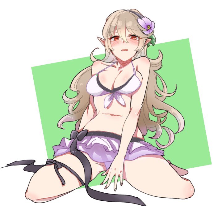 bikini black_ribbon blush breasts cleavage commentary_request female_my_unit_(fire_emblem_if) fire_emblem fire_emblem_heroes fire_emblem_if flower hair_flower hair_ornament hairband long_hair my_unit_(fire_emblem_if) nekolook open_mouth pointy_ears red_eyes ribbon simple_background solo swimsuit white_hair