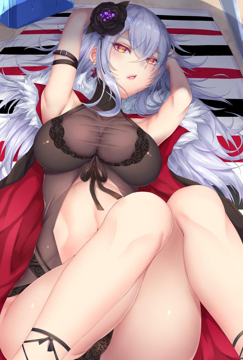 alternate_costume arm_behind_head arm_strap azur_lane bangs beach_mat bikini black_flower black_swimsuit breasts cleavage commentary_request cooler cross cross_earrings crossed_bangs day earrings eyebrows_visible_through_hair feet_out_of_frame flower graf_zeppelin_(azur_lane) groin hair_between_eyes hair_flower hair_ornament hand_on_own_head head_tilt highres innertube jewelry knees_up large_breasts long_hair looking_at_viewer lying messy_hair multiple_earrings navel navel_cutout on_back one-piece_swimsuit open_mouth outdoors parted_lips red_eyes revealing_clothes see-through shade shiny shiny_skin shiro_usagi sidelocks silver_hair skindentation sky solo stomach stud_earrings swimsuit thighs twitter_username wet