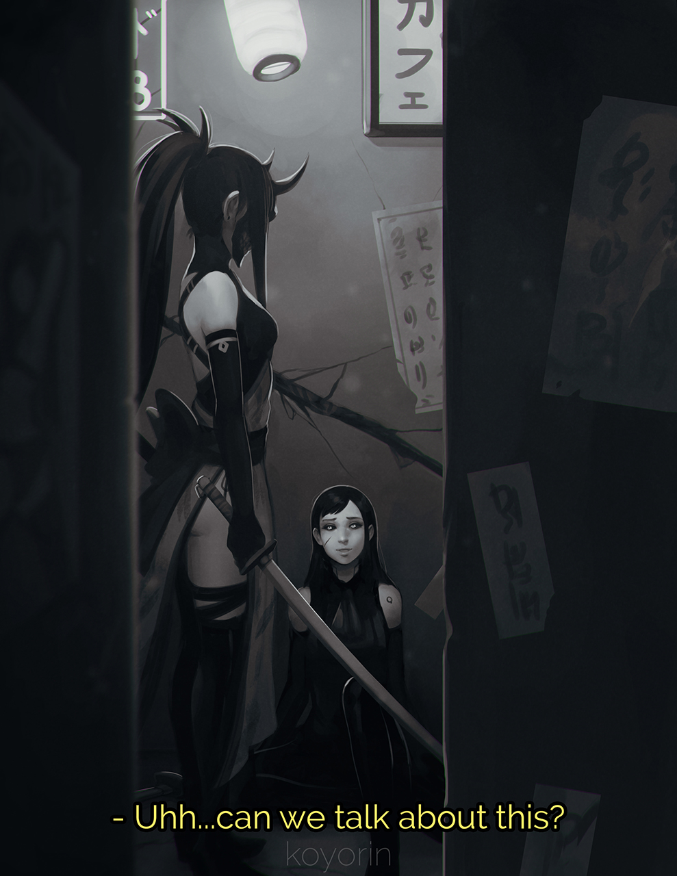 artist_name black_hair elbow_gloves english gloves highres koyorin long_hair looking_at_another looking_to_the_side monochrome multiple_girls oni_mask original ponytail sitting standing sword thighhighs weapon