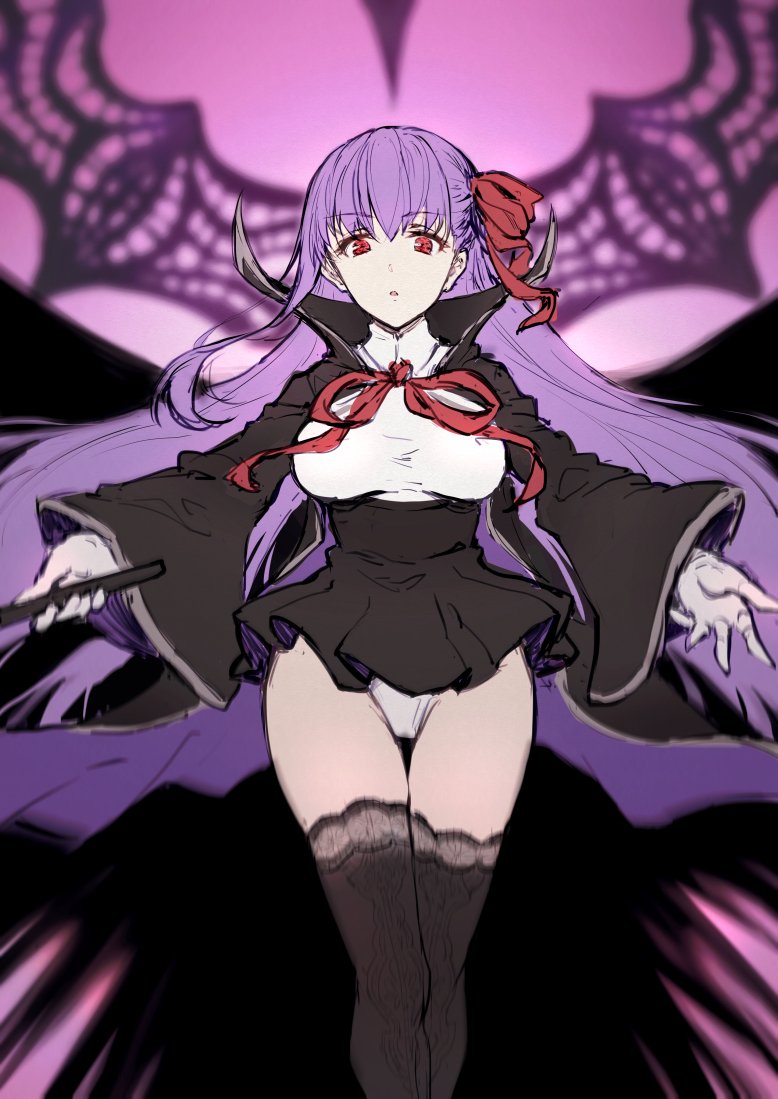 bangs bb_(fate)_(all) bb_(fate/extra_ccc) black_coat black_skirt breasts fate/extra fate/extra_ccc fate/grand_order fate_(series) gloves hair_ribbon haoni high-waist_skirt large_breasts long_hair looking_at_viewer open_mouth panties purple_background purple_hair red_eyes red_ribbon ribbon skirt thick_thighs thighhighs thighs underwear very_long_hair white_gloves white_panties