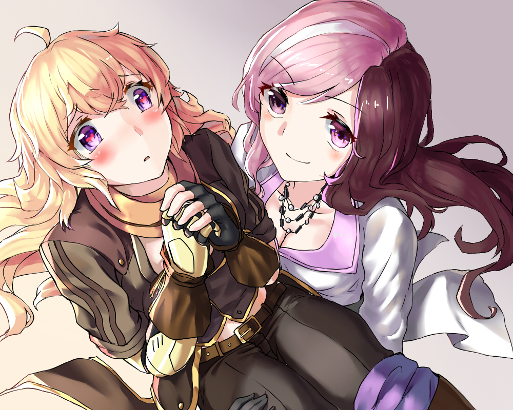 ahoge belt black_gloves blonde_hair blush breasts brown_hair carrying cleavage commentary english_commentary fingerless_gloves gloves heart heart-shaped_pupils jewelry long_hair multicolored_hair multiple_girls necklace neo_(rwby) open_mouth pink_eyes pink_hair princess_carry purple_eyes rwby smile symbol-shaped_pupils tl two-tone_hair yang_xiao_long yuri