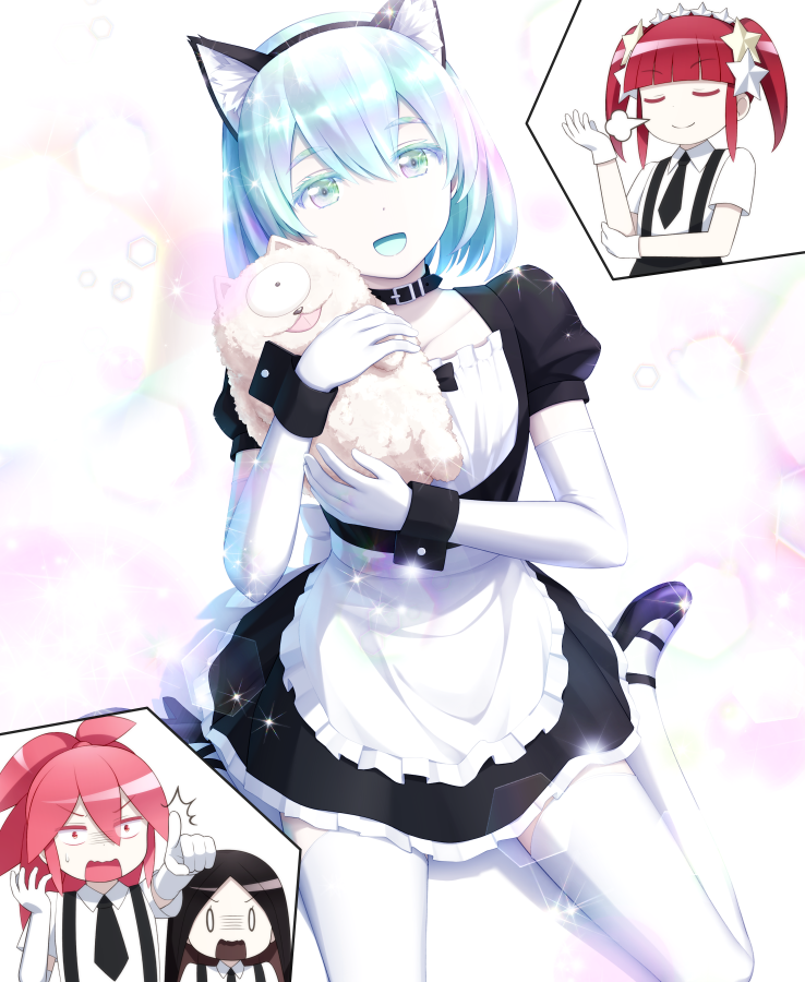 4others :d :o =3 androgynous animal_ears apron bangs black_hair blunt_bangs bort cat_ears closed_eyes collar colored_eyelashes commentary_request creature cut-in diamond_(houseki_no_kuni) elbow_gloves fake_animal_ears frilled_apron frills gloves hair_between_eyes hair_ornament hairband haribote_(tarao) houseki_no_kuni looking_at_viewer maid morganite_(houseki_no_kuni) multicolored multicolored_eyes multicolored_hair multiple_others necktie o_o open_mouth pink_hair pointing puffy_short_sleeves puffy_sleeves rainbow_eyes rainbow_hair red_beryl_(houseki_no_kuni) red_hair shiro_(houseki_no_kuni) shoes short_hair short_sleeves sitting smile sparkle star star_hair_ornament thighhighs waist_apron wariza white_gloves white_legwear wrist_cuffs