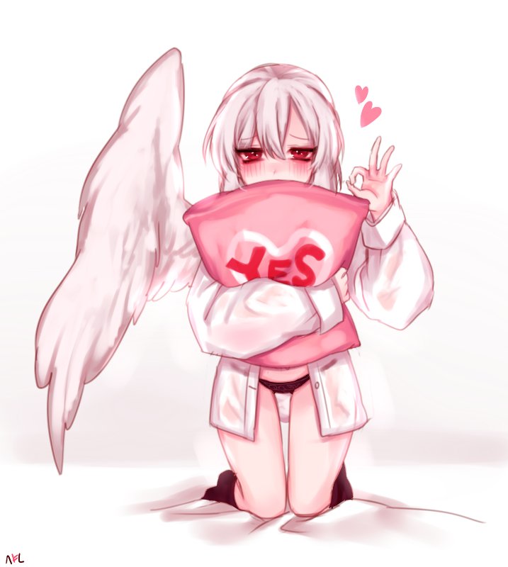 black_legwear black_panties commentary_request covered_mouth derivative_work eyebrows_visible_through_hair feathered_wings full_body hair_between_eyes hand_up heart holding holding_pillow kishin_sagume kneeling korean_commentary long_sleeves looking_at_viewer no_pants ok_sign panties pillow puffy_sleeves red_eyes shan shirt short_hair silver_hair simple_background single_wing socks solo thighs touhou underwear white_background white_shirt white_wings wings yes yes-no_pillow