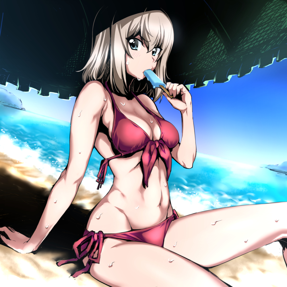 beach beach_umbrella bikini blue_eyes breasts cleavage commentary_request day dutch_angle food front-tie_bikini front-tie_top girls_und_panzer hair_between_eyes itsumi_erika large_breasts long_hair nakahira_guy navel popsicle seaside side-tie_bikini silver_hair solo sweat swimsuit umbrella