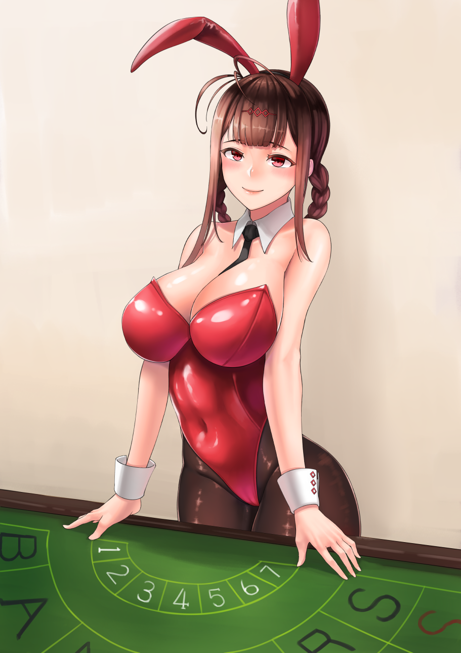 ahoge alternate_costume animal_ears ass bangs bare_shoulders black_neckwear blunt_bangs blush breasts brown_hair bunny_ears bunnysuit casino_card_table cleavage cloel closed_mouth commentary covered_navel detached_collar dsr-50_(girls_frontline) eyebrows_visible_through_hair girls_frontline groin hair_ornament highleg highleg_leotard highres large_breasts leotard long_hair looking_at_viewer necktie pantyhose red_eyes red_leotard shiny shiny_skin sidelocks smile solo very_long_hair wrist_cuffs