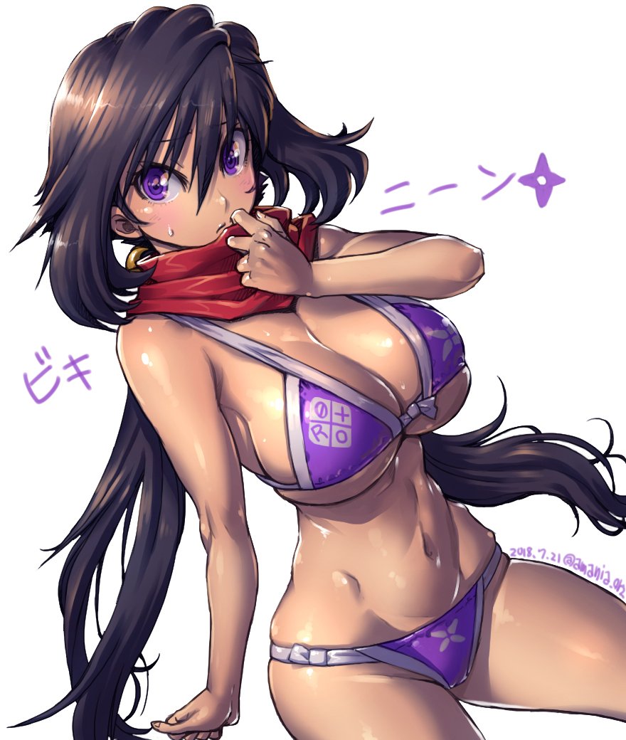 amania_orz ayame_(gundam_build_divers) bare_shoulders bikini black_hair blush breasts cleavage cowboy_shot dated eyebrows_visible_through_hair frown gundam gundam_build_divers hair_between_eyes large_breasts long_hair looking_at_viewer low_twintails navel purple_bikini purple_eyes red_scarf scarf shiny shiny_hair shiny_skin shuriken simple_background skindentation solo sweatdrop swimsuit twintails twitter_username underboob very_long_hair white_background