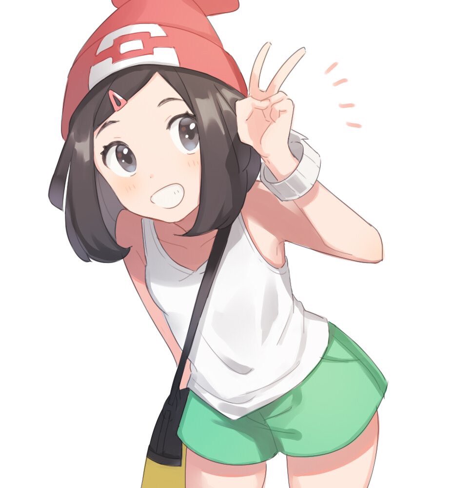 armpits bag beanie black_hair breasts collarbone commentary_request green_shorts grin hair_ornament hairclip handbag hat mizuki_(pokemon) pokemon pokemon_(game) pokemon_sm red_hat shirt short_hair shorts simple_background small_breasts smile solo tank_top unapoppo v white_background white_shirt z-ring