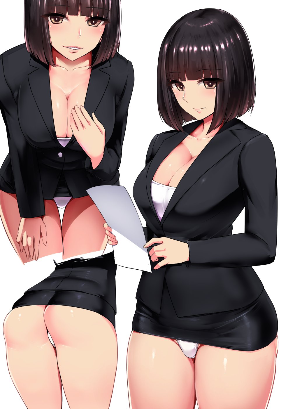 ass bangs black_hair black_jacket black_skirt black_suit blunt_bangs blush bob_cut breasts brown_eyes buttons cleavage closed_mouth collarbone commentary_request cowboy_shot eyebrows_visible_through_hair fingernails formal hand_on_own_thigh highres holding holding_paper ishimiso_(ishimura) jacket large_breasts leaning_forward long_sleeves looking_at_viewer microskirt miniskirt multiple_views no_pants office_lady original panties pantyshot paper parted_lips pencil_skirt shiny shiny_hair shiny_skin short_hair simple_background skirt skirt_suit smile standing suit thigh_gap thighs underwear uniform white_background white_panties