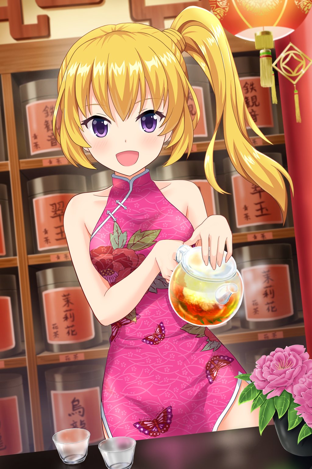 alternative_girls animal_print artist_request bangs bare_shoulders blonde_hair blush breasts butterfly_print china_dress chinese_clothes collarbone cup dress drinking_glass floral_print flower flower_pot highres holding_teapot indoors lantern long_hair looking_at_viewer medium_breasts mizushima_airi official_art open_mouth paper_lantern pink_dress pink_flower plant potted_plant purple_eyes shot_glass side_ponytail sleeveless sleeveless_dress smile standing tea teapot