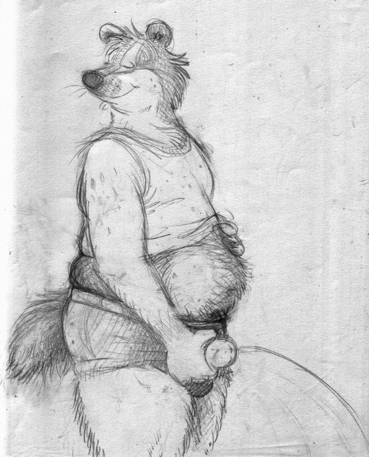 2017 badger balls bd belly canine clothing dog eyes_closed fur holding_belly hybrid male mammal mustelid peeing pencil_(artwork) penis shirt shorts sketch slightly_chubby smile solo standing tank_top traditional_media_(artwork) urine