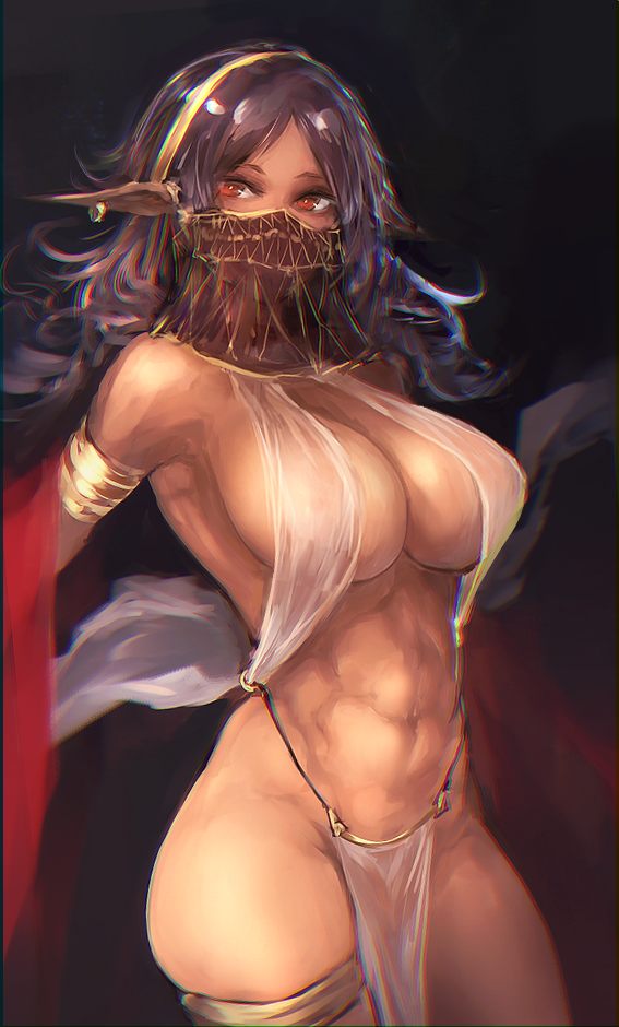 1girl abs armlet armpits bare_shoulders black_background black_hair breasts cleavage dark_skin hairband hometa large_breasts long_hair midriff navel original red_eyes simple_background skindentation solo thighs toned veil