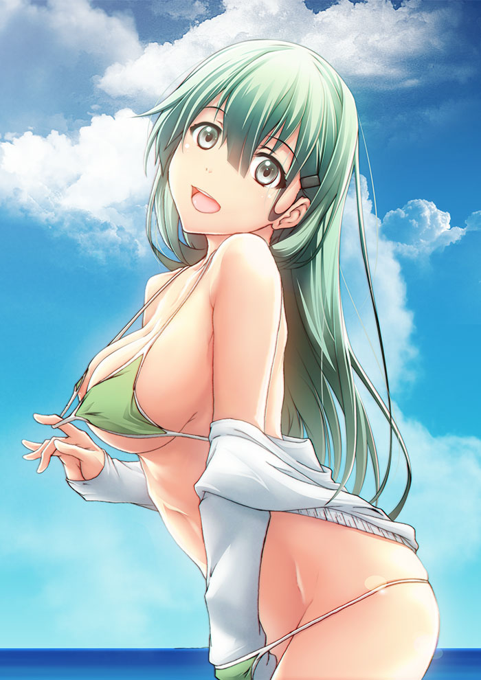 :d aqua_hair ass bare_shoulders bikini bikini_tug blue_sky blush breasts cleavage cloud commentary_request day eyebrows_visible_through_hair green_bikini green_eyes hair_ornament hairclip hand_in_bikini head_tilt jacket kantai_collection large_breasts long_hair long_sleeves looking_at_viewer open_mouth outdoors remodel_(kantai_collection) skindentation sky slowpit smile solo suzuya_(kantai_collection) swimsuit thighs