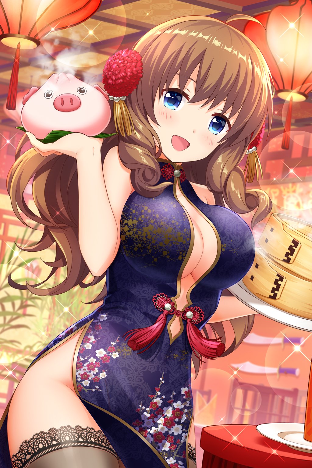 ahoge alternative_girls arimura_shion bamboo_steamer bangs baozi bare_shoulders black_legwear blue_dress blue_eyes blush breasts bun_cover china_dress chinese_clothes cleavage dress drill_hair floral_print food hair_ornament highres holding holding_tray indoors lantern large_breasts light_brown_hair long_hair looking_at_viewer no_panties official_art open_mouth paper_lantern pelvic_curtain pig sleeveless sleeveless_dress sword thighhighs tray waitress weapon