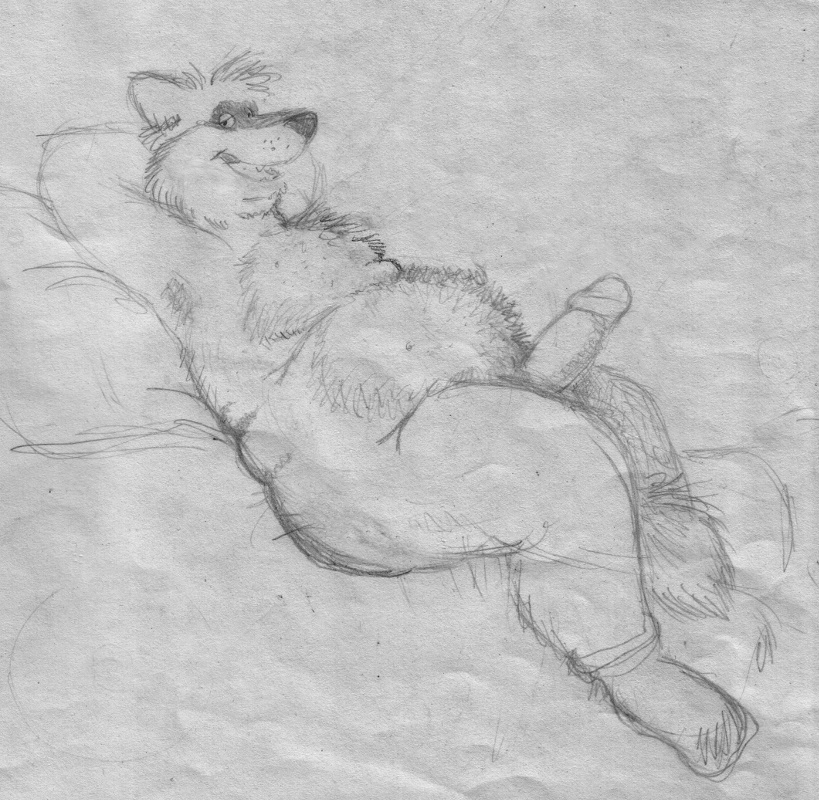 2016 anthro bd belly big_belly black_and_white canine clothing cute_fangs erection fur half-closed_eyes humanoid_penis legwear looking_at_viewer lying male mammal monochrome overweight pencil_(artwork) penis slightly_chubby smile socks solo traditional_media_(artwork)