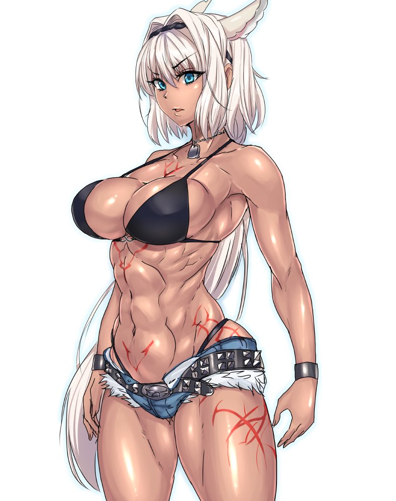 animal_ears bangs belt blue_eyes breasts caenis_(fate) cleavage commentary_request cowboy_shot cutoffs dark_skin dog_tags extra_ears eyebrows_visible_through_hair fate/grand_order fate_(series) hair_intakes hairband highleg highleg_panties jewelry large_breasts long_hair muscle muscular_female navel necklace open_mouth panties sidelocks skindentation solo standing studded_belt tattoo tomliat underwear white_hair wristband
