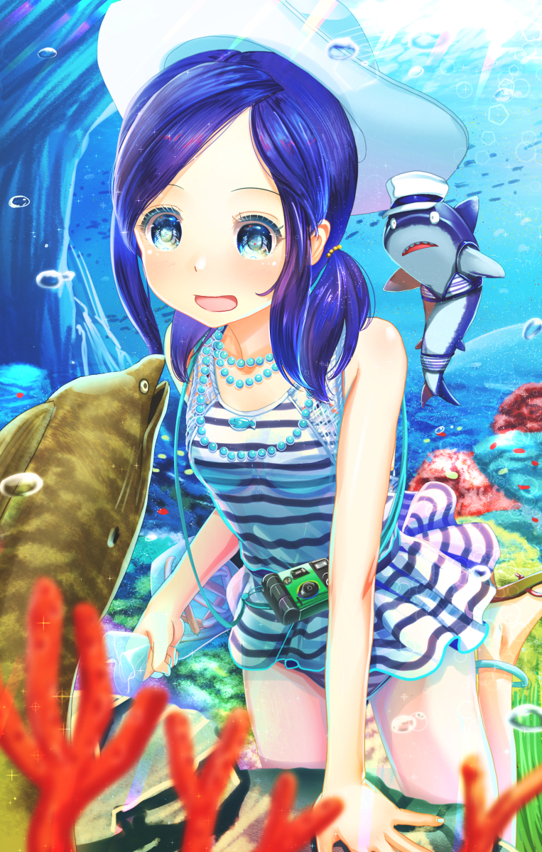:d abo_(kawatasyunnnosukesabu) animal anklet bag blue_eyes blue_hair bubble camera clothed_animal commentary_request coral dark_blue_hair hair_tie hat highres holding holding_bag jewelry looking_at_animal medium_hair moray_eel necklace no_bangs ocean one-piece_swimsuit open_mouth original sandals shark sidelocks smile solo striped striped_swimsuit swimsuit twintails underwater white_hat