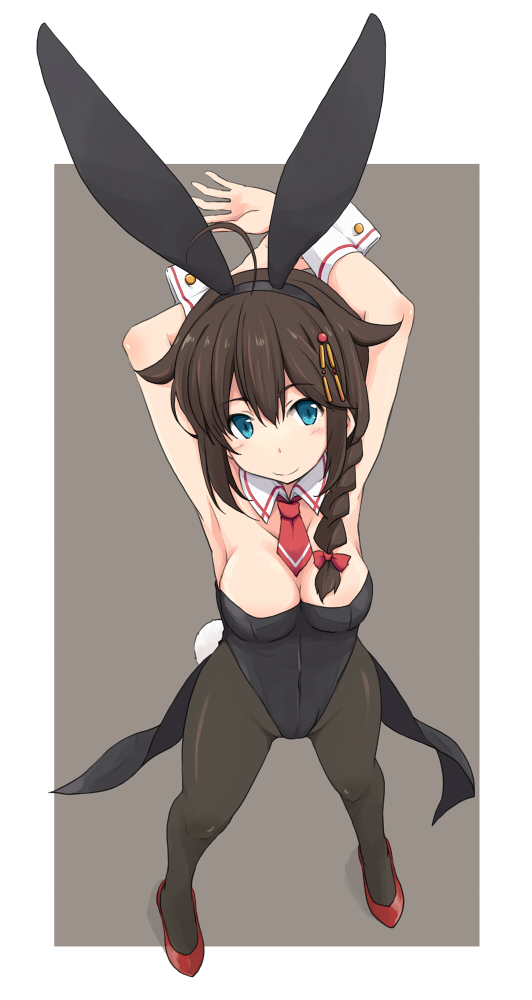 adapted_costume animal_ears arms_behind_head arms_up bare_shoulders black_legwear black_leotard blue_eyes braid breasts brown_hair bunny_ears bunny_girl bunny_tail bunnysuit cleavage collarbone detached_collar eyebrows_visible_through_hair fake_animal_ears from_above grey_background hair_flaps hair_over_shoulder kantai_collection kugui_kiyunemu leotard looking_at_viewer medium_breasts neckerchief pantyhose red_footwear red_neckwear remodel_(kantai_collection) shigure_(kantai_collection) showgirl_skirt single_braid smile solo tail wrist_cuffs
