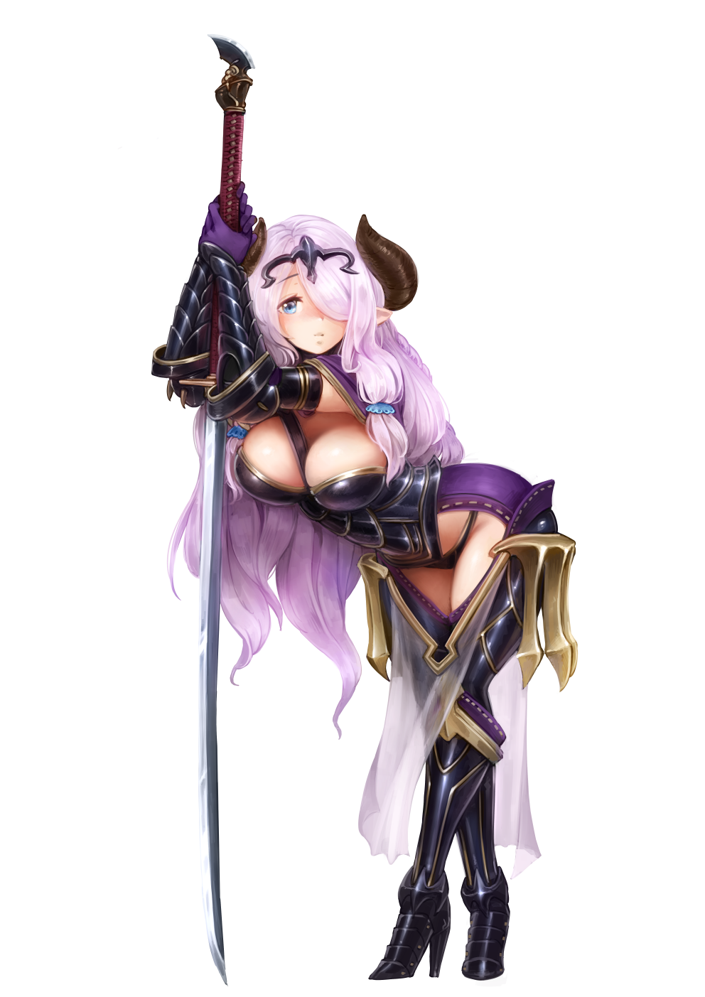 armor barbariank bent_over black_armor blue_eyes blush boots braid breasts camilla_(fire_emblem_if) camilla_(fire_emblem_if)_(cosplay) cleavage commentary cosplay draph english_commentary fire_emblem fire_emblem_if full_body gloves granblue_fantasy greaves hair_ornament hair_over_one_eye high_heel_boots high_heels highres horns katana large_breasts lavender_hair long_hair looking_at_viewer narmaya_(granblue_fantasy) pointy_ears purple_gloves solo sword tiara transparent_background very_long_hair weapon
