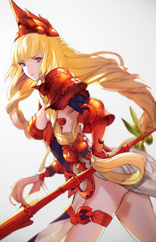 1girl armor ass athena_(granblue_fantasy) blonde_hair braid breasts elbow_gloves gauntlets gloves granblue_fantasy grey_background hair_ornament headpiece long_hair looking_back medium_breasts nido_celisius polearm purple_eyes sideboob simple_background smile solo standing thigh_strap twin_braids very_long_hair weapon