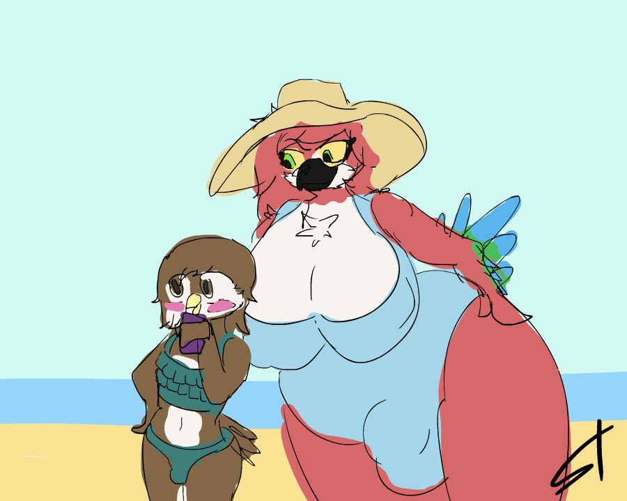 2018 animated anthro avian balls beach beak beverage big_breasts big_butt bird blush breasts bulge butt clothed clothing cub dickgirl digital_media_(artwork) duo eyelashes feathers girly hair hat huge_breasts intersex male mammal mother mother_and_son nipples outside parent parrot sand sea seaside simple_background sky smile son standing standing_tough swimsuit thick_thighs voluptuous water wide_hips young