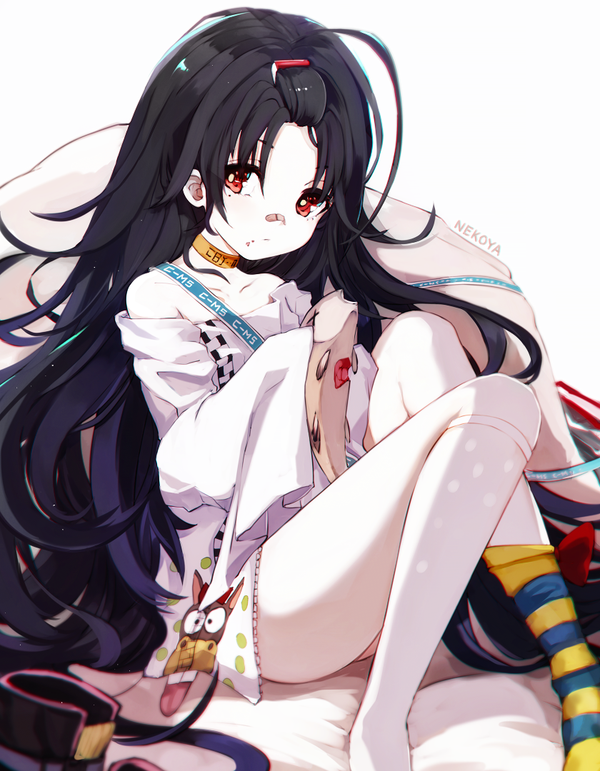 artist_name asymmetrical_legwear bandaid bandaid_on_nose bangs_pinned_back black_hair blurry blurry_foreground c-ms_(girls_frontline) closed_mouth commentary depth_of_field dress dyolf feet_out_of_frame fish food food_on_face girls_frontline holding holding_fish kneehighs long_hair long_sleeves mismatched_legwear no_shoes red_eyes single_kneehigh sitting sleeves_past_fingers sleeves_past_wrists solo striped striped_legwear very_long_hair white_background white_dress white_legwear wide_sleeves x_x younger