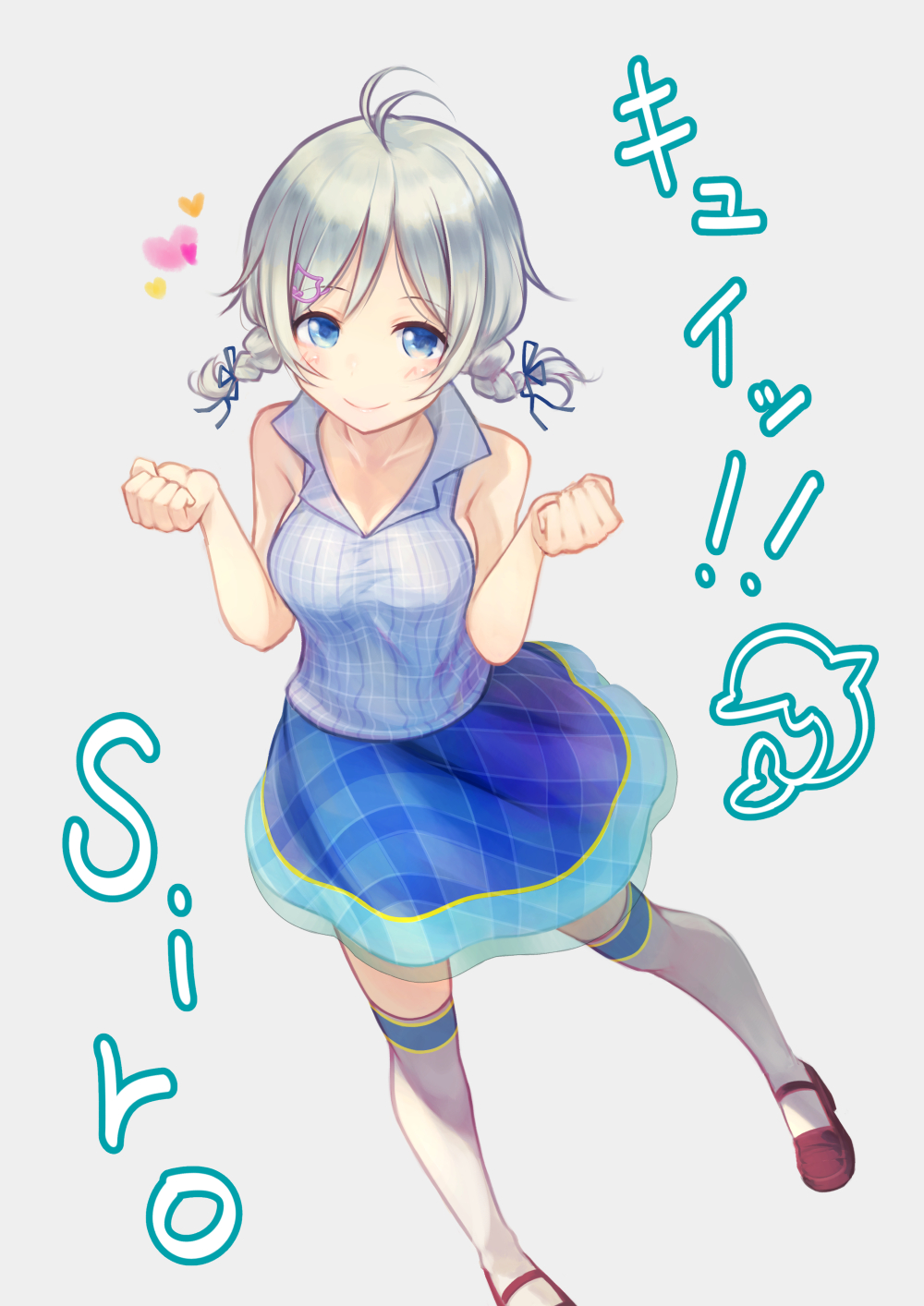 antenna_hair bangs bare_shoulders blue_eyes blue_ribbon blue_skirt blush braid brat breasts cat_hair_ornament character_name closed_mouth collarbone commentary dennou_shoujo_youtuber_shiro eyebrows_visible_through_hair grey_background grey_shirt hair_ornament hair_ribbon hands_up heart highres long_hair low_twintails medium_breasts plaid plaid_skirt red_footwear ribbon shiro_(dennou_shoujo_youtuber_shiro) shirt shoes silver_hair simple_background skirt sleeveless sleeveless_shirt smile solo thighhighs translation_request twin_braids twintails virtual_youtuber white_legwear