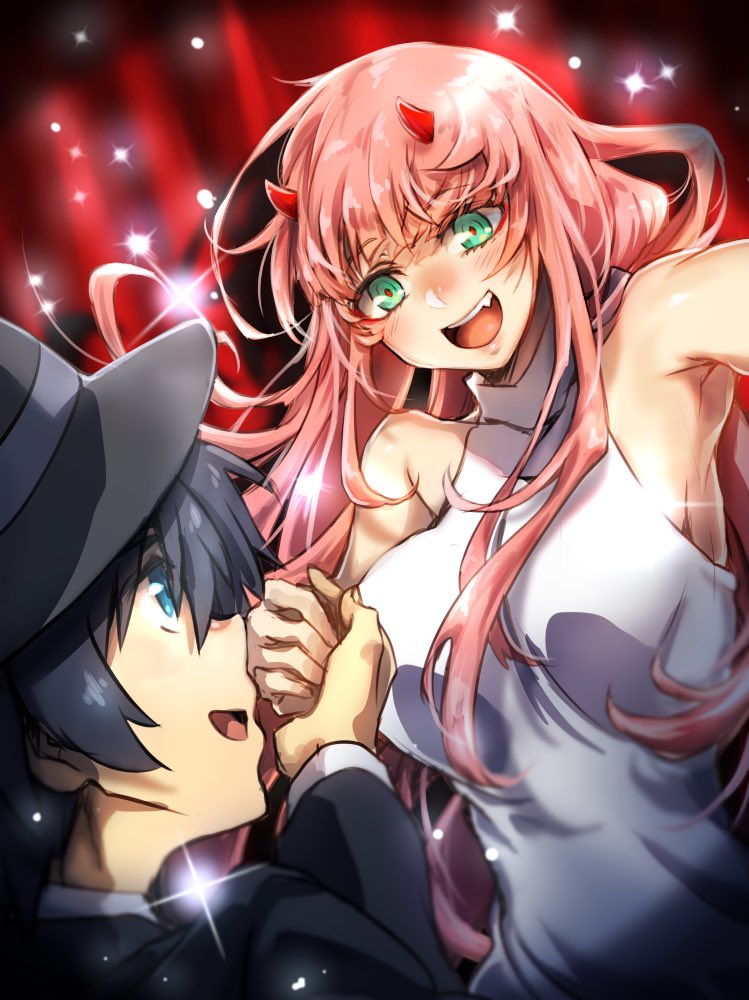 1girl bangs barefoot black_hair black_hat black_suit blue_eyes blush breasts collarbone commentary cosplay couple darling_in_the_franxx dress eyebrows_visible_through_hair fang formal green_eyes hat herozu_(xxhrd) hetero hiro_(darling_in_the_franxx) holding_hands horns kekkai_sensen long_hair long_sleeves looking_at_another looking_at_viewer medium_breasts oni_horns pink_hair red_horns sleeveless sleeveless_dress suit white_dress zero_two_(darling_in_the_franxx)