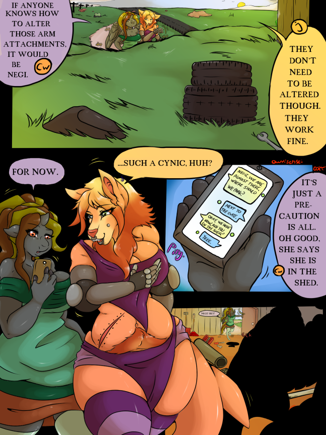 anthro breasts cinder_wing clothing comic dialogue digital_media_(artwork) english_text equine female hair horn jayze mammal my_little_pony owyisensei phone prostetic scar speech_bubble text texting winged_unicorn wings