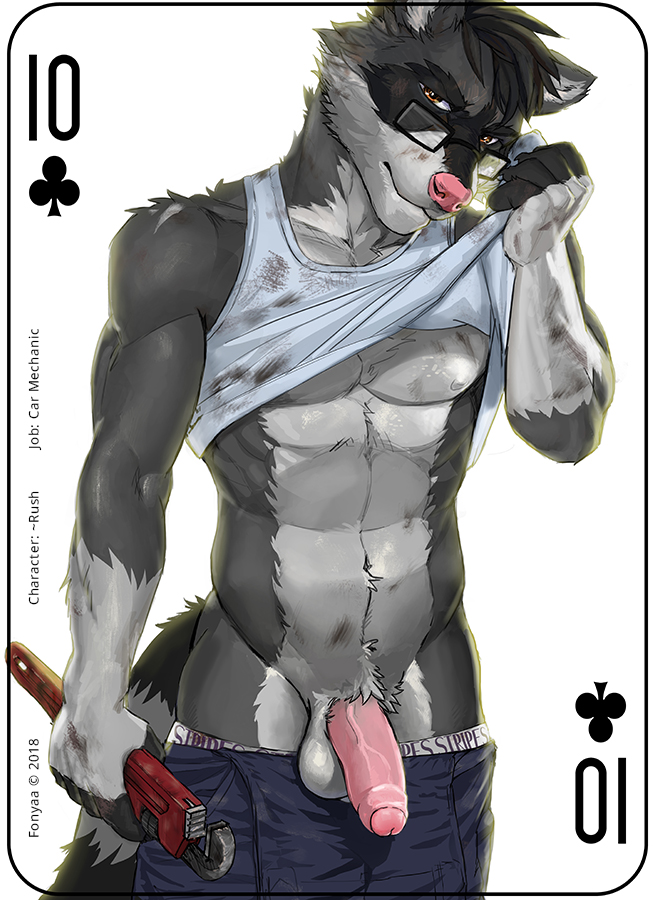 2018 abs anthro arection balls biceps brown_eyes card clothed clothing clothing_lift digital_media_(artwork) english_text eyewear fonyaa fur glasses grey_fur hair holding_object humanoid_penis looking_at_viewer male mammal mechanic muscular muscular_male pecs penis playing_card procyonid raccoon shirt shirt_lift simple_background solo standing text tools uncut white_background white_fur