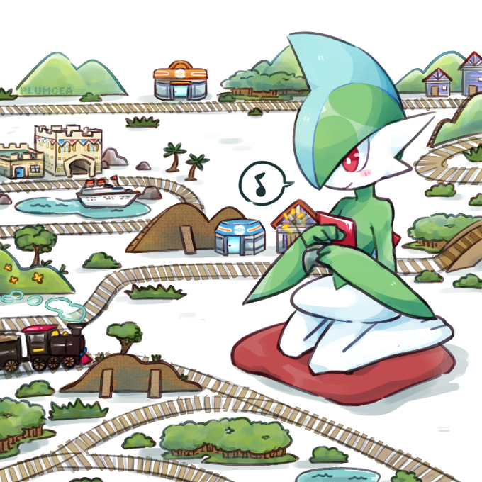 2018 blush building controller gallade green_body happy holding_object humanoid kneeling male model_train musical_note nintendo not_furry palm_tree pillow plumcea pok&eacute;mon pok&eacute;mon_(species) red_eyes remote_control ship smile solo toy_model train tree vehicle video_games