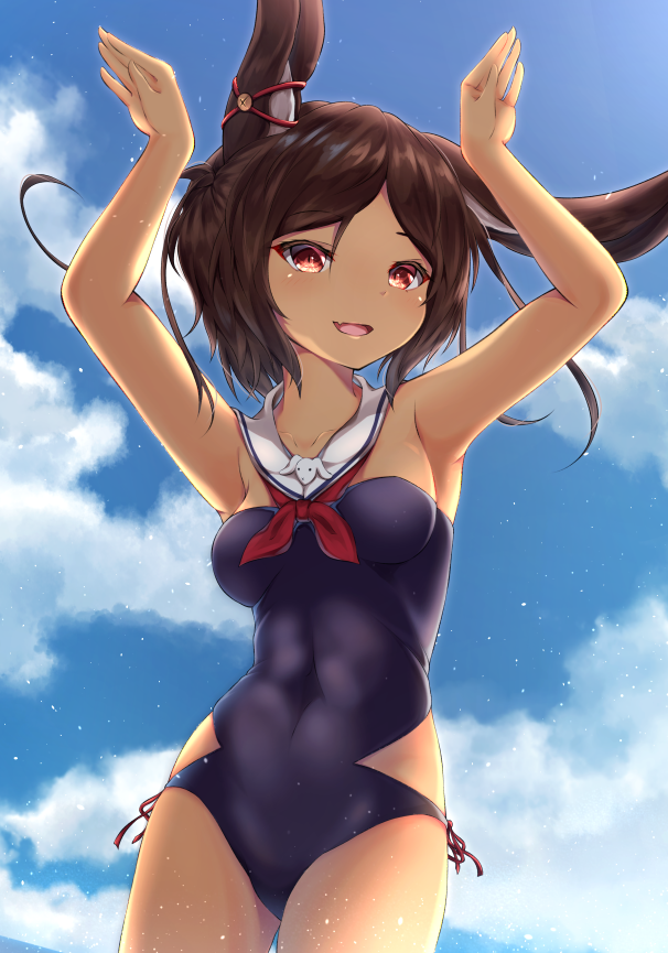 animal_ears armpits arms_up azur_lane bad_id bad_pixiv_id bare_shoulders breasts brown_eyes brown_hair bunny_ears bunny_pose cloud commentary_request covered_navel dark_skin day detached_collar i-26_(azur_lane) inora one-piece_swimsuit sailor_collar school_swimsuit short_hair sky smile solo strapless strapless_swimsuit swimsuit