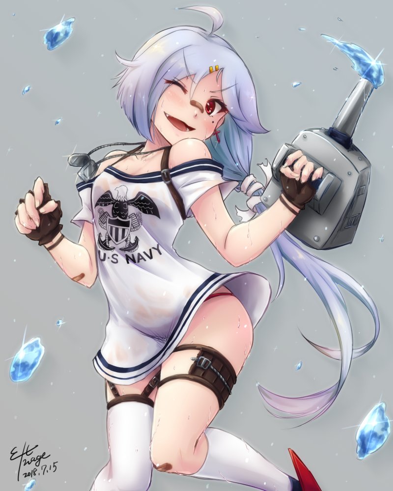 :d ;d ahoge azur_lane bandaid bandaid_on_arm bandaid_on_knee bandaid_on_nose brown_gloves cannon cross cross_earrings dated dog_tags downes_(azur_lane) earrings eltnage fingerless_gloves gloves grey_background grey_hair hair_ornament hairclip jewelry long_hair mole mole_under_eye one_eye_closed open_mouth panties pantyshot red_eyes red_panties see-through signature single_thighhigh smile solo thighhighs underwear us_navy v-shaped_eyebrows water water_gun wet wet_clothes white_legwear