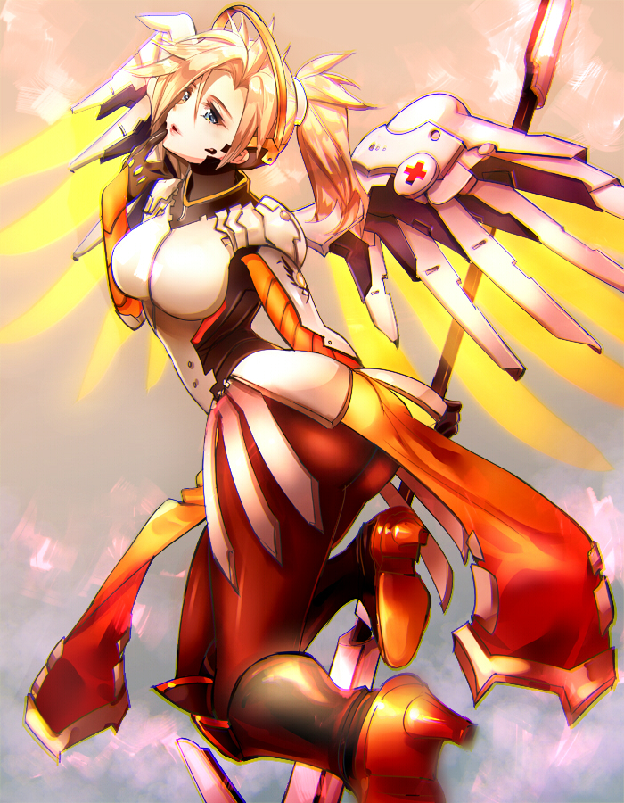 ass blonde_hair blue_eyes boobplate boots breastplate breasts commentary_request faulds finger_to_mouth flying full_body high_heel_boots high_heels holding holding_staff lips long_hair mechanical_halo mechanical_wings medium_breasts mercy_(overwatch) nagare overwatch pantyhose pelvic_curtain ponytail power_suit red_cross solo spread_wings staff wings yellow_wings