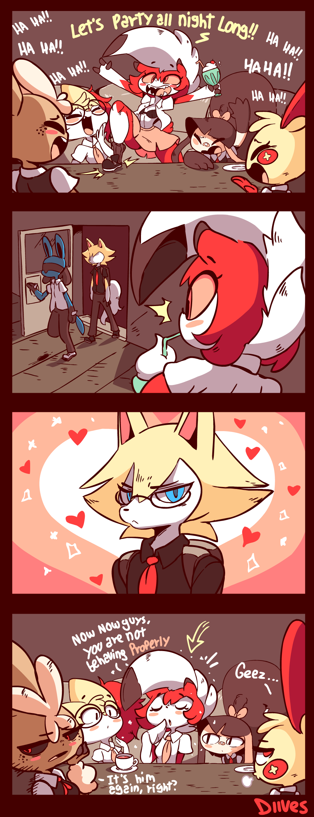 2boys 4koma 5girls absurdres animal_ears arm_up arms_up arrow backpack bag bandaid bandaid_on_face black-framed_eyewear black_bra black_footwear black_hair black_legwear black_pants black_sclera black_vest blue_eyes blush blush_stickers bow bra braixen breasts cherry comic cup diives dog_ears dog_tail door drink drinking_glass drinking_straw english_text eyebrows_visible_through_hair eyes_closed fang food fox_ears freckles fruit gen_3_pokemon gen_4_pokemon gen_6_pokemon gen_7_pokemon glasses hair_bow half-closed_eyes hand_on_own_face hand_up happy heart highres holding ice_cream indoors laughing looking_away looking_to_the_side lopunny lucario lycanroc mawile multiple_boys multiple_girls napkin neck_ribbon necktie open_clothes open_mouth open_shirt outstretched_arms pants pink_bow pink_neckwear pink_sclera pink_skirt plate plusle pokemon pokemon_(creature) red_eyes red_neckwear ribbon sharp_teeth shirt shoes short_sleeves skirt small_breasts smile socks sparkle standing sundae table tail talking teeth text_focus underwear vest walking white_footwear white_hair white_shirt wolf_ears