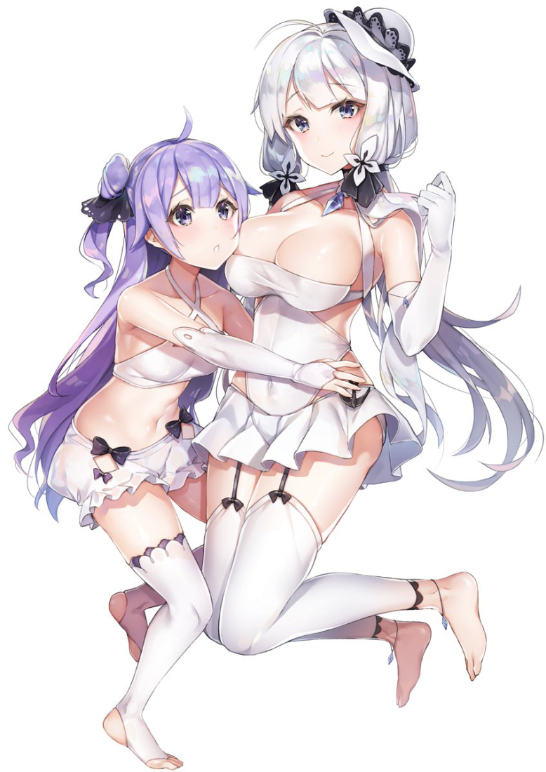 ahoge alternate_costume anklet armlet ass azur_lane bangs bare_shoulders barefoot bikini bikini_shorts black_ribbon blue_eyes blush breasts bridal_gauntlets cheek-to-breast cleavage collarbone commentary_request covered_navel criss-cross_halter elbow_gloves eyebrows_visible_through_hair garter_straps gloves hair_bun hair_ornament hair_ribbon halterneck hand_up hat hug illustrious_(azur_lane) jewelry jumping large_breasts long_hair looking_at_another looking_at_viewer low_ponytail mini_hat mole mole_under_eye multiple_girls no_shoes one-piece_swimsuit one_side_up parted_lips ponytail purple_eyes purple_hair ribbon sapphire_(stone) shorts side_bun sidelocks skindentation smile stirrup_legwear sun_hat swimsuit thighhighs thighs tilted_headwear toeless_legwear tress_ribbon unicorn_(azur_lane) very_long_hair white_bikini white_gloves white_hair white_legwear white_swimsuit yayoichi_(yoruyoru108)