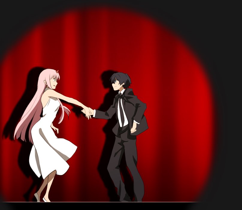 1girl bad_id bad_twitter_id bangs bare_shoulders black_hair black_neckwear blue_eyes breasts collared_shirt commentary_request couple crossover curtains dancing darling_in_the_franxx dress facing_another formal green_eyes herozu_(xxhrd) hetero high_heels hiro_(darling_in_the_franxx) holding_hands horns indoors jpeg_artifacts kekkai_sensen long_hair long_sleeves looking_at_another medium_breasts necktie no_socks oni_horns open_clothes parody pink_hair red_horns shirt sleeveless sleeveless_dress spotlight sugar_song_and_bitter_step suit white_dress white_footwear white_shirt wing_collar zero_two_(darling_in_the_franxx)