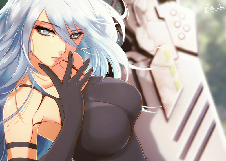 android arm_at_side armlet bad_id bad_pixiv_id bangs bare_shoulders black_gloves blue_eyes breasts camisole closed_mouth collarbone day elbow_gloves esther expressionless eyebrows_visible_through_hair gloves grey_hair hair_between_eyes hand_to_own_mouth head_tilt large_breasts lips long_hair medium_breasts mole mole_under_mouth nier_(series) nier_automata nose pink_lips planted_sword planted_weapon robot_joints signature silver_hair skin_tight sleeveless solo sword tank_top weapon yorha_type_a_no._2