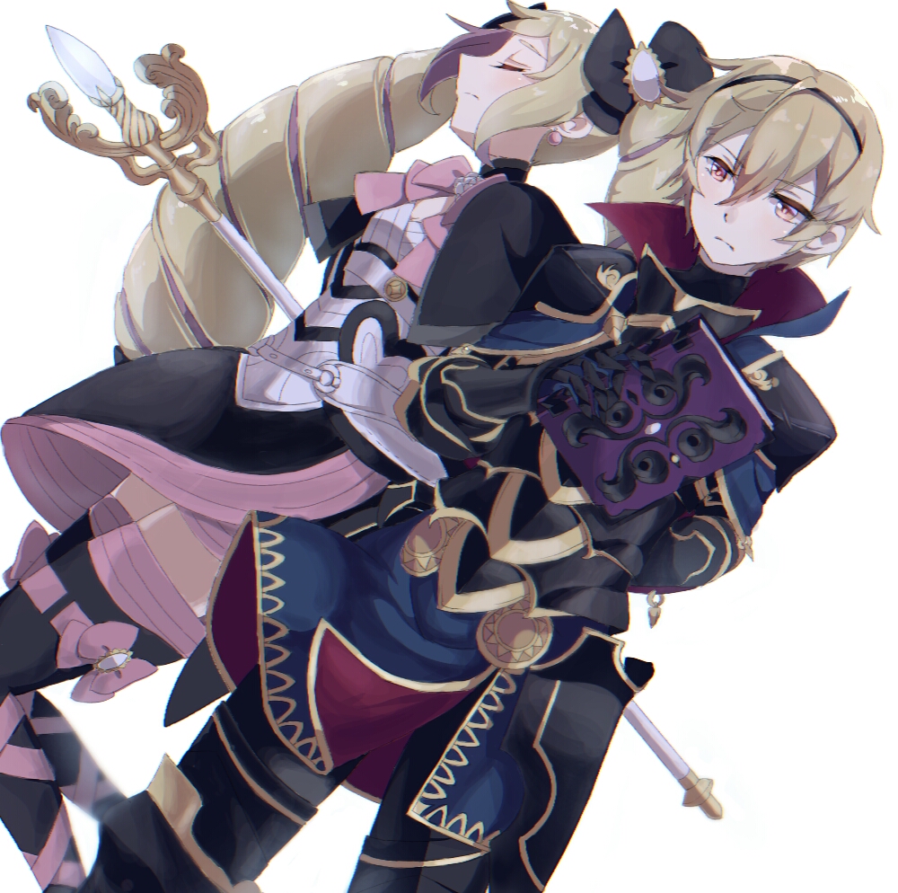 1girl aone_hiiro armor black_armor blonde_hair book boots bow brother_and_sister brynhildr_(tome) closed_eyes closed_mouth commentary_request dress earrings elise_(fire_emblem_if) fire_emblem fire_emblem_if gauntlets hairband holding holding_book jewelry leon_(fire_emblem_if) long_hair multicolored_hair pink_bow purple_hair red_eyes short_hair siblings simple_background staff thigh_boots thighhighs twintails white_background zettai_ryouiki