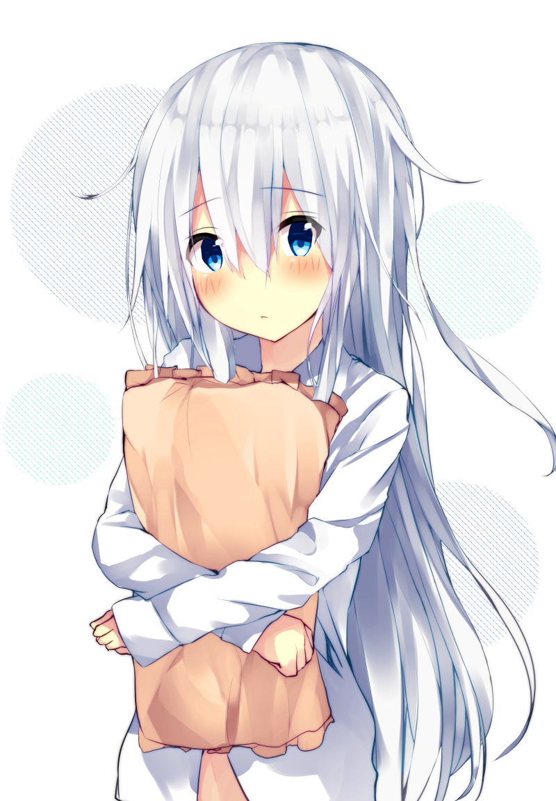 bangs blue_eyes blush closed_mouth collared_shirt commentary_request eyebrows_visible_through_hair frilled_pillow frills hair_between_eyes hibiki_(kantai_collection) kantai_collection long_hair long_sleeves looking_at_viewer narushina pillow pillow_hug shirt silver_hair sleeves_past_wrists solo very_long_hair white_background white_shirt